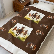 Running Horses Velveteen Plush Blanket | Wild Horse Artwork, Brown Panel Design
