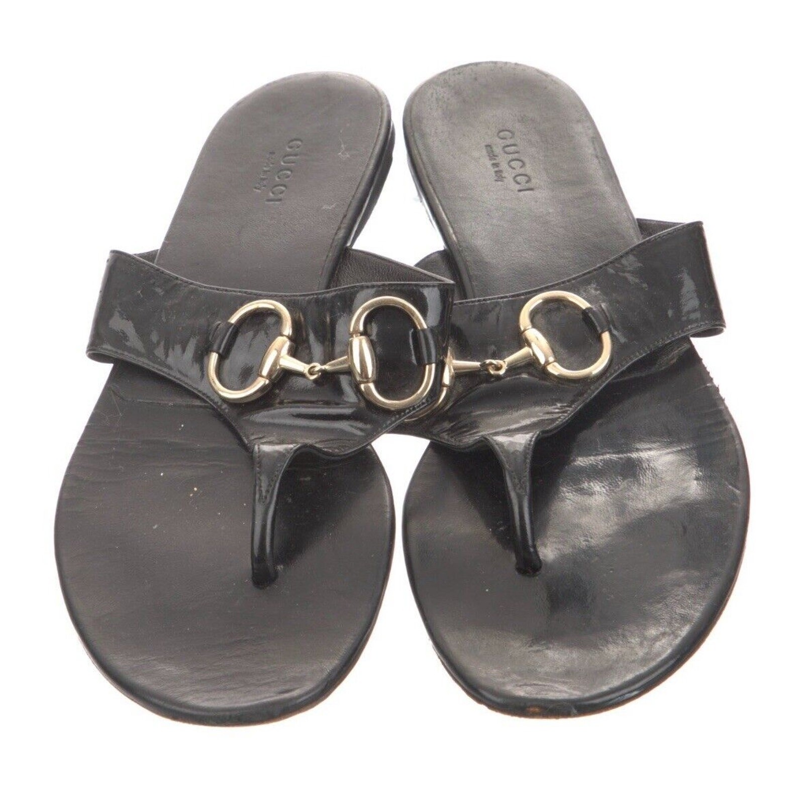Gucci Black Patent Leather Thong Sandals with Silver Horsebit Size 7