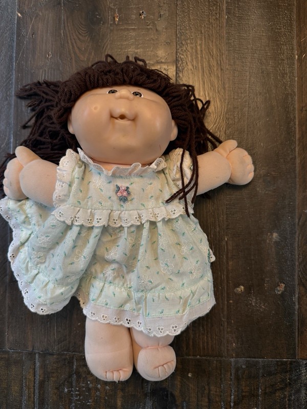Cabbage patch girl doll, Brown Curly Yarn Hair, Floral Lace Trim Dress, 1pc