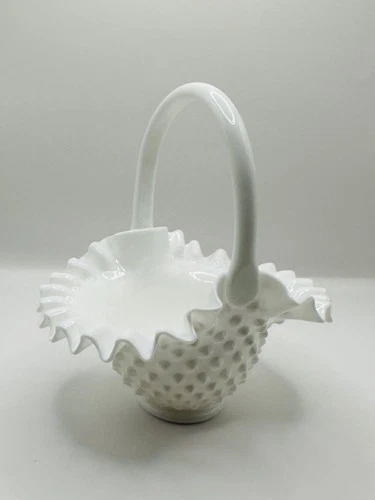 Vintage FENTON Milk Glass Hobnail Handled Basket Ruffled Crimped Edge Candy Dish