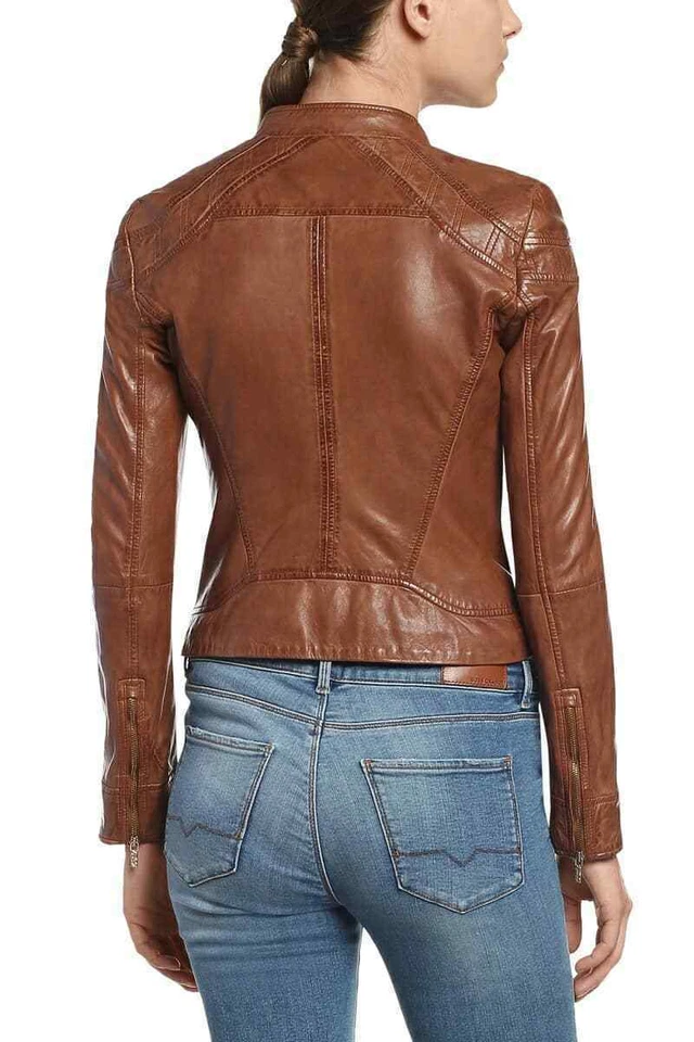Chaqueta de piel de cordero para motociclista de cuero real marrón envejecido vintage para mujer Foto 2 de 4