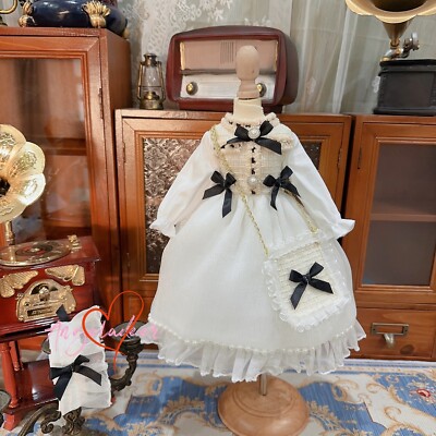 Blythe 1/6 1/4 1/3 BJD Clothes Outfit White Chiffon Dress + Headwear Bows Deco