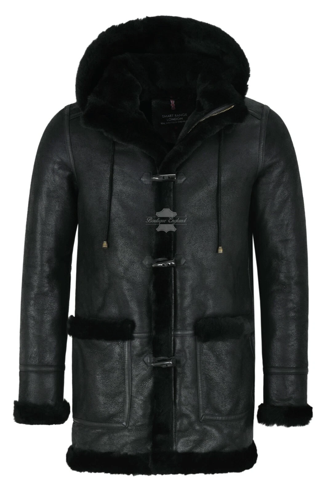 Men's Leather Sheepskin Duffle Coat Black Black Fur Hooded 100% Shearling Ivar
Opens in a new window