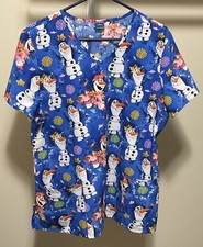 Disney Frozen II Olaf Blue SS V-neck Scrub Top Women  s Size L