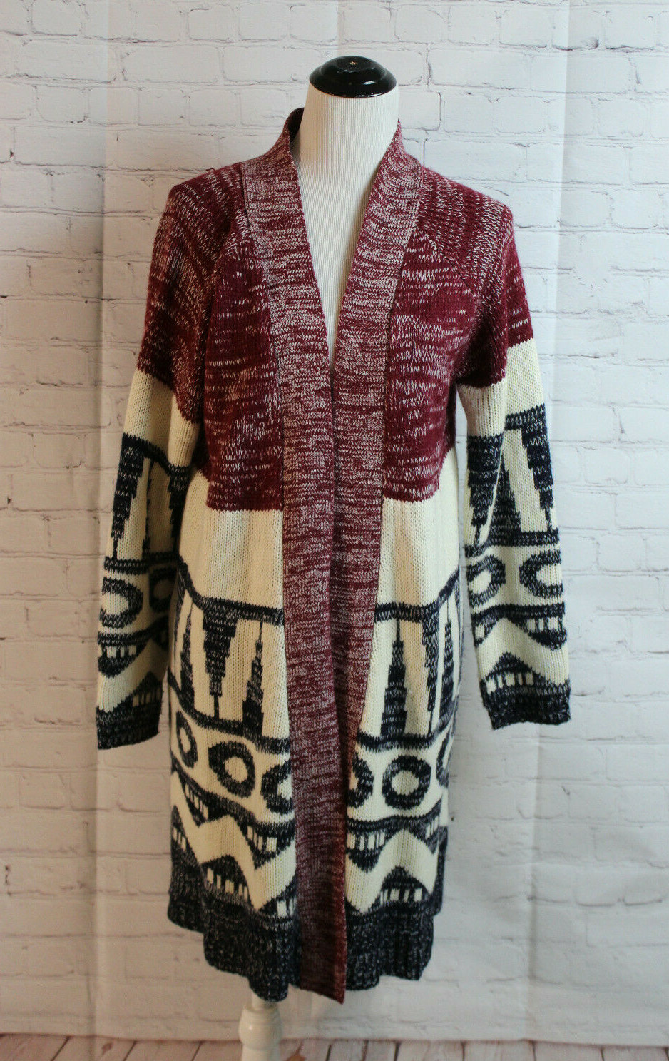 LOVE RICHE Long Open Cardigan Sweater Wine Black Cream Size