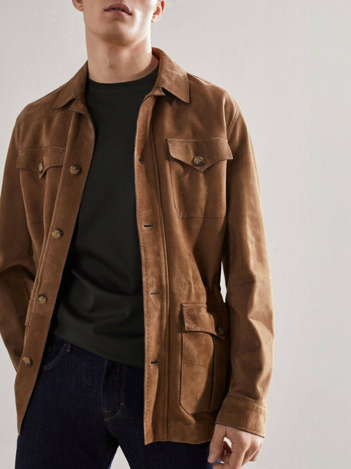 New Men's Brown Soft Suede Lambskin Leather Stylish Long Button Shirt Coat