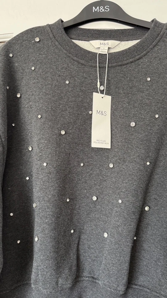 Lovely BNWT M&S grey cotton blend diamante embellished sweatshirt - M (12-14) - Image 3 of 3