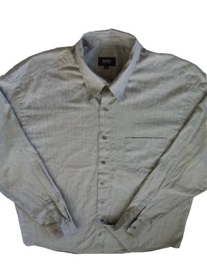 Boss Men's Long sleeved Buttons Up Shirt Size 44 Stripes Gray Polyester Spandex