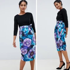 Closet London Womens 3/4 sleeve Tulip Dress With Floral Printed Skirt Size US 4