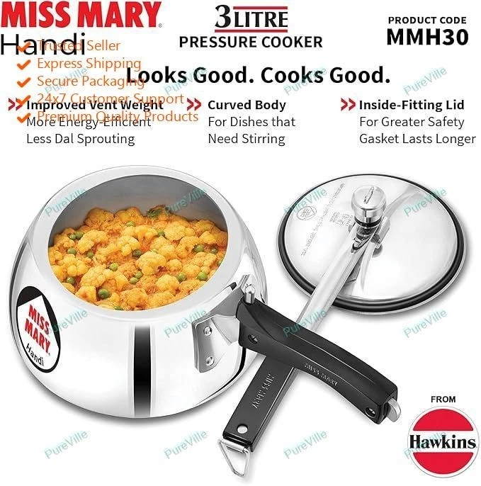 Hawkins 3 Litre Miss Mary Handi Pressure Cooker, Inner Lid Cooker, Silver (MMH30