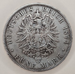 5 Mark Deutsches Kaiserreich 1874 F Karl König von Württemberg Silbermünze
