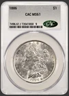 1886 MORGAN "CAC MS61" - LUSTER/ BREAST FEATHERS & HAIR,CRISP WHITE, NICE!💥✅