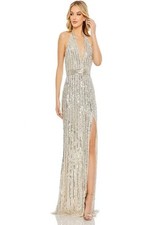 Mac Duggal 5759 Silver Nude Sequined Halter Strap Trumpet Size 16