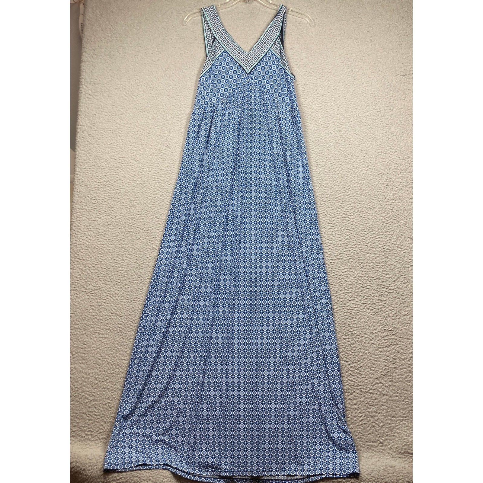 Max Studio Maxi Dress Womens Small Blue Geometric Tile Print V-Neck Sleeveless