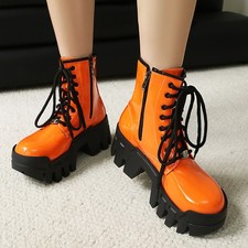 Women's Platform Mid Block Heels Lace Up Knight Ankle Boots Casual Shiny Shoes