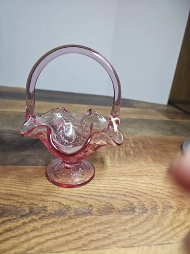 Fenton Glass Strawberry Footed Basket Pink Ruffled 6.5" Tall W/Handle