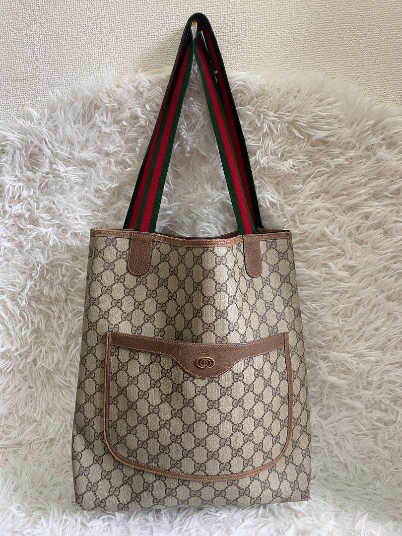Gucci GG Supreme Sherry Tote Bag Beige Leather PVC Japanese Vintage Style