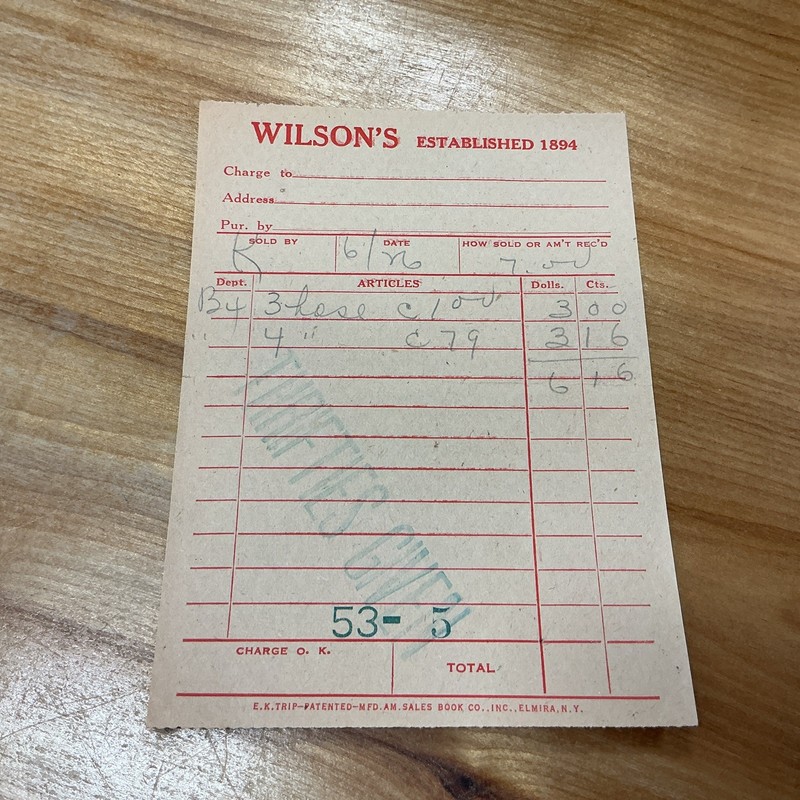 Vintage Receipt Wilson’s Cape Charles, Va EST. 1894