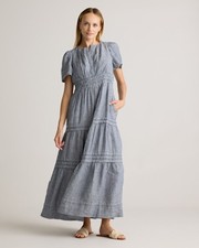 Quince Women 100% European Linen Tiered Maxi Dress Chambray Stripe M