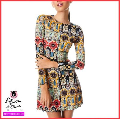 Alice + Olivia Delora Boho Print Floral Paisley Mini Dress Sz 6