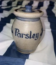 1992 Rowe Pottery Works Lidded PARSLEY Spice Jar Cobalt Salt Glaze EUC
