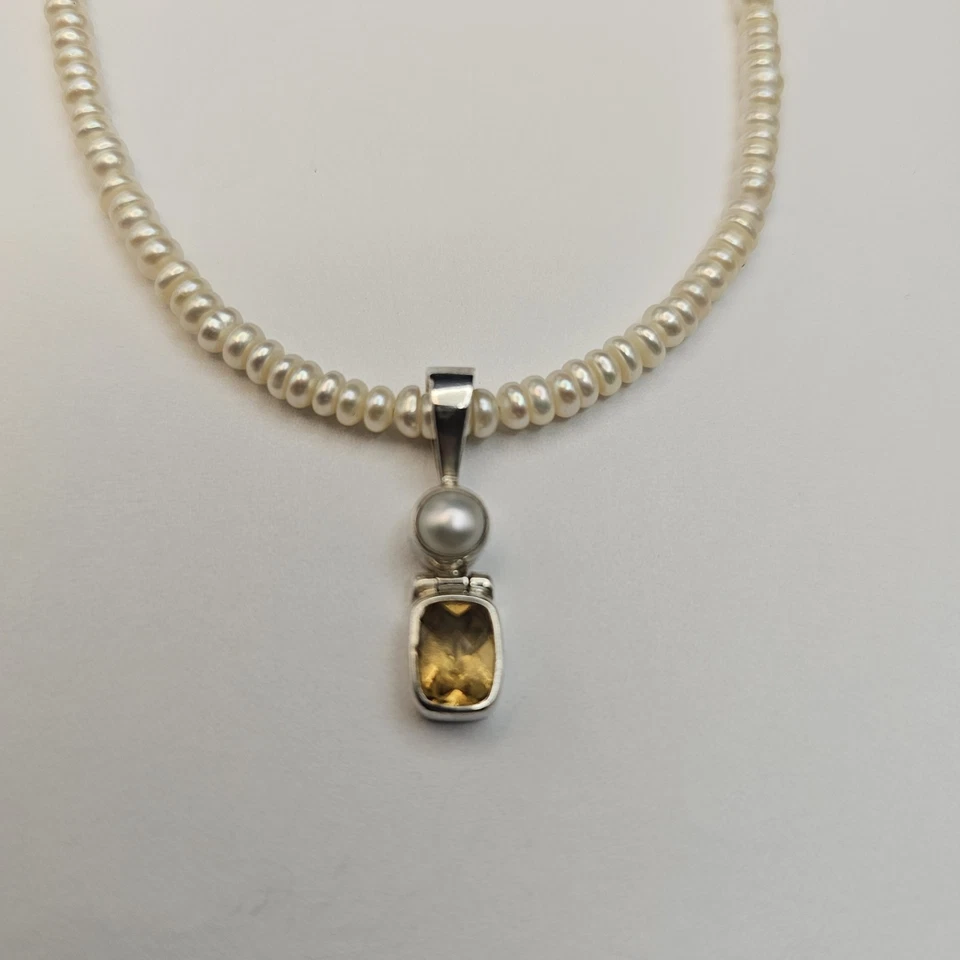 Acleoni Sterling Silver 925 Pearl Necklace 14g w/ Citrine & Pearl Pendant 2.24g - Image 4 of 4