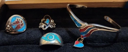 Vintage Silver Turquoise Lot 3 Rings 1 Cuff Read Details