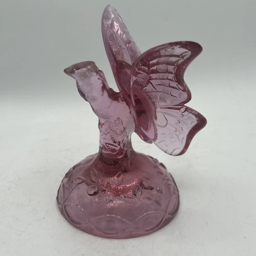 Vintage Fenton Glass Pink Butterfly on a Branch Ring Holder Figurine 5x3.5”