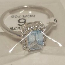 NWT Emerald Cut Natural Blue Topaz Halo Ring 925 Silver Elegant Designer Sz 6