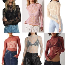 Women Floral Lace Sexy See Through Blouse Mock Neck Long Sleeve Sheer Shirt Tops