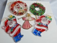 Vintage Christmas Tree Ornaments 5 Lot Stained Angel Window Wreaths Santa Claus