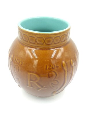 Vintage  Schering Pharmacy  RX jar crock Brown  turquoise Mortar Vase Pottery 5''