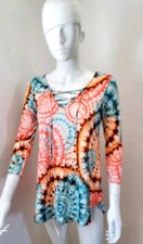How Cute Women's 3/4 Sleeve floral Geo- Print Top Blouse Sz S made In USA New