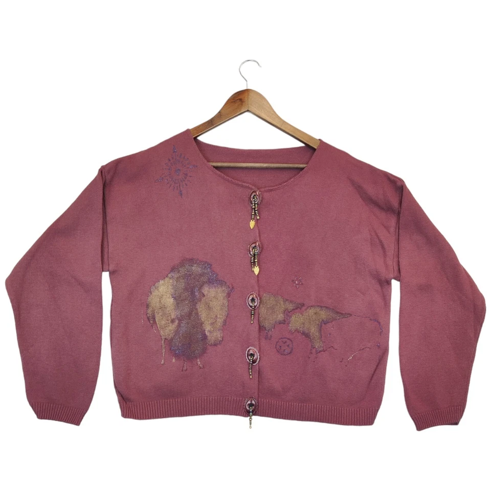 Cárdigan Suéter Búfalo Pintado Mujer L Borgoña Tejido Manga Larga Boho Nativo Foto 2 de 4