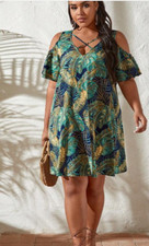 SHEIN VCAY Plus Size Boho Tropical Print Cold Shoulder Crisscross Front Dress 1X
