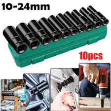10pcs Metric Deep Impact Socket 1/2" Drive 10mm-24mm 6 Point Sockets w/ Case Set