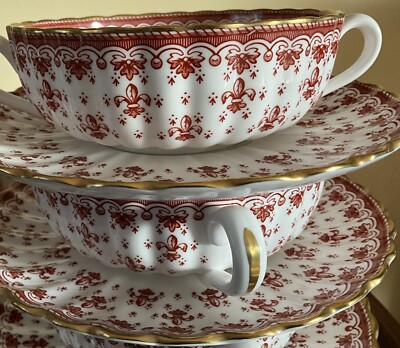 Spode Fleur de Lys Red 4 Sets Cream Soup Bowl Cup Saucer Gold Trim