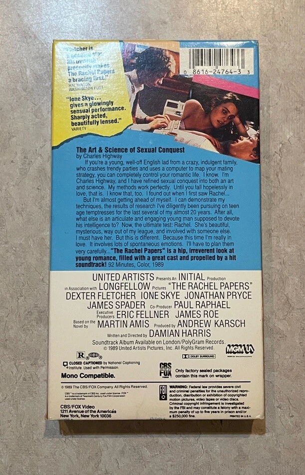 The Rachel Papers VHS 1989 CBS Fox Video Drama Dexter Fletcher Lone Skye Rare - Image 3 of 4