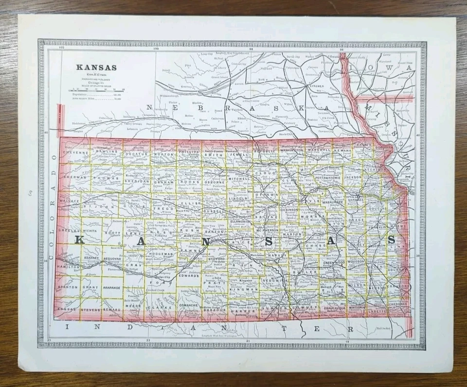 Vintage 1883 KANSAS Map 13"x11" ~ Old Antique Original WICHITA TOPEKA OLATHE KS - Image 2 of 4