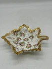Vntg Hand Painted Milk Glass Maple Leaf Shaped Dish Gold Trim Flowers