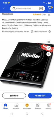 MuellerHome RapidTherm Portable Induction Hob 1800W 1 Burner 4 Settings Black