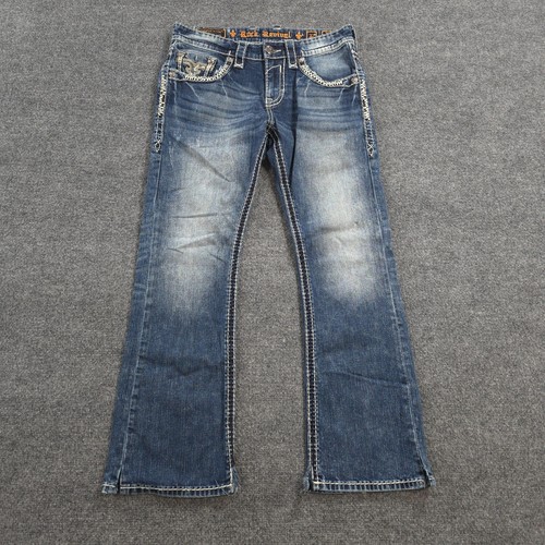 Rock Revival Jeans Mens 32 Blue Juniper Slim Bootcut Embroidered Stretch Denim