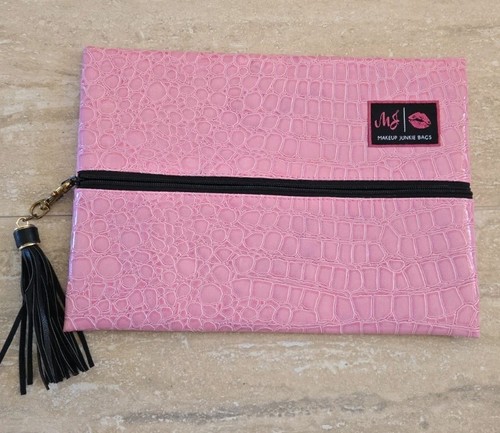 Makeup Junkie Bag Blush Bubble Gator Clutch Cosmetic Travel Pouch Pink Croc Med