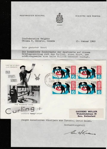 Canada to Switzerland 6c Curling Block REPLACEMENT or PRESENTATION FDC 1969