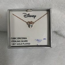NEW Disney Sterling Silver 14KT Cubic Zirconia Gold Plated Minnie Mouse Necklace