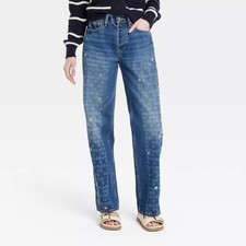 Women's Mid-Rise Embroidered Daisy Baggy Jeans - Universal Thread Medium Wash 4