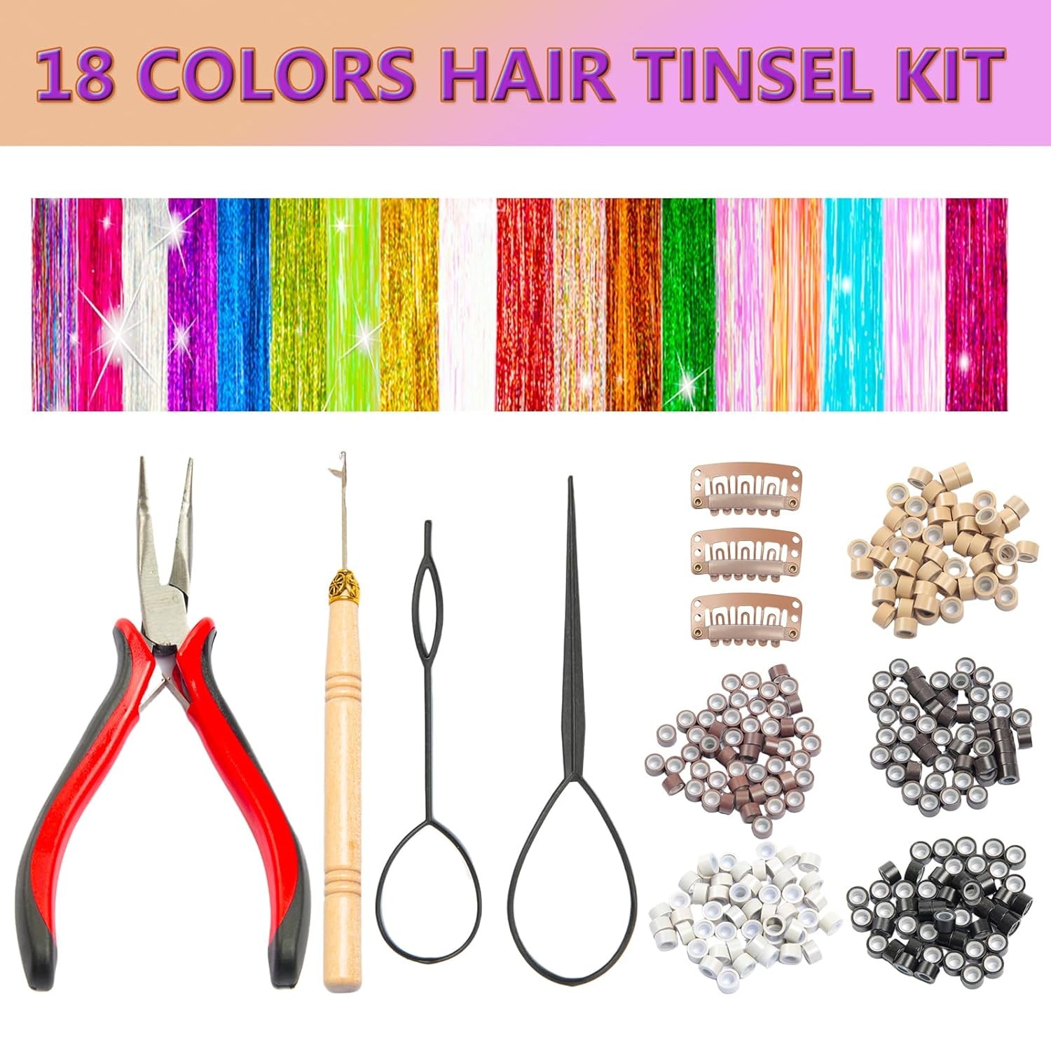 Hair Tinsel - 18 Colors Fairy Hair Tinsel Kit for Girls, 5400 Strands Tinsel Hai