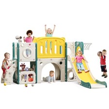 MOCUTEEN 8-in-1 Toddler Climber and Slide Playset with Basketball Hoop - Indo...