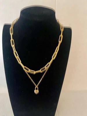Gold Tone Layered Oval Link Chain Necklace with Asymmetrical Charm Pendant