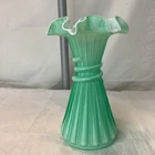Vintage Fenton Green Uranium Glass Overlay Wheat Vase Cased White 7.5"